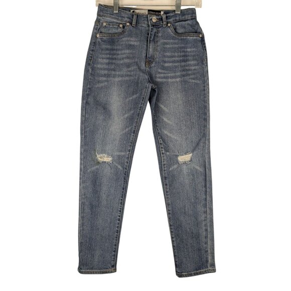 Levis Silver Tab Jeans 14/26 Reg Blue Mini Mom Distressed Denim Adjustable Waist - Picture 2 of 10